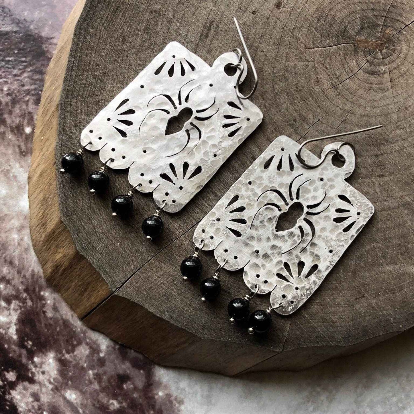 Handmade Metal Papel Picado Spider Earrings with Onyx Beads