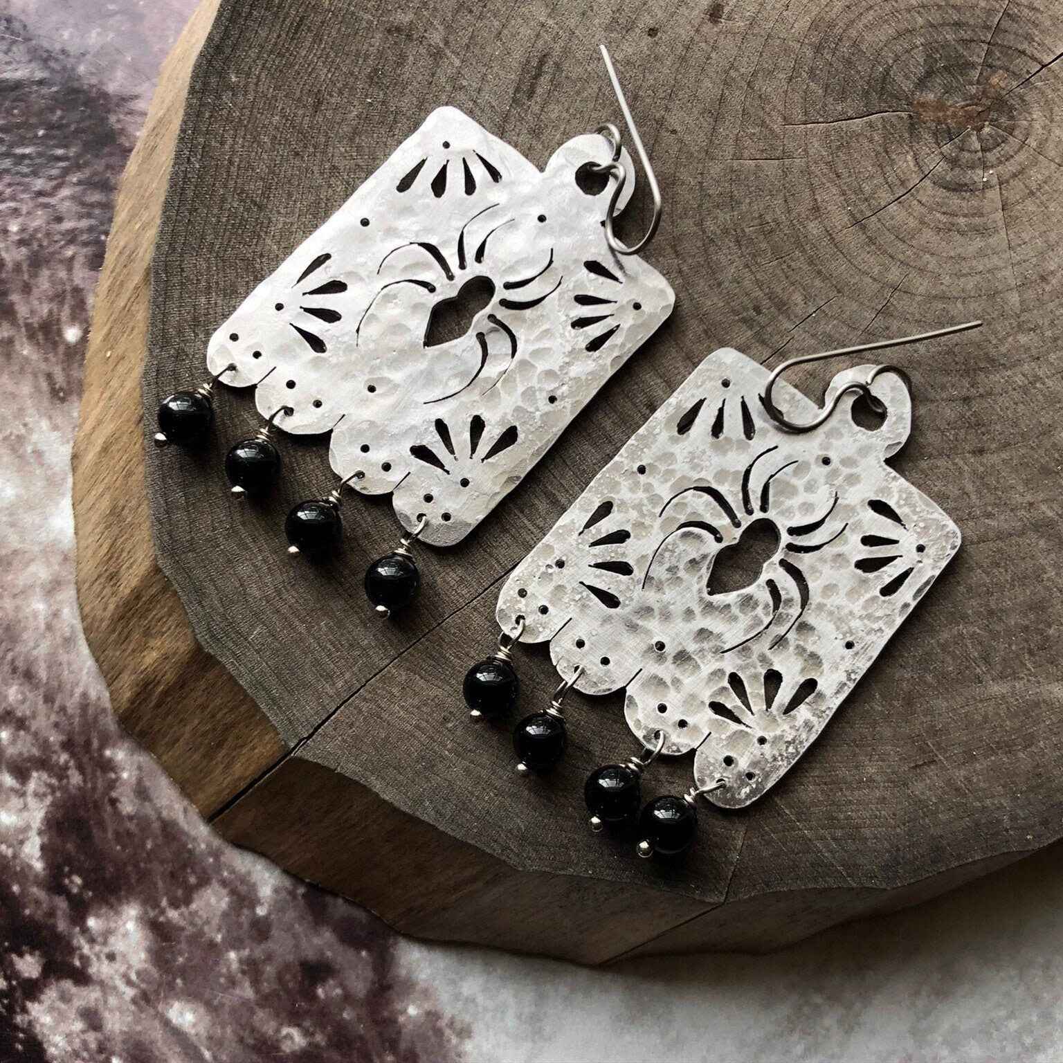 Handmade Metal Papel Picado Spider Earrings with Onyx Beads