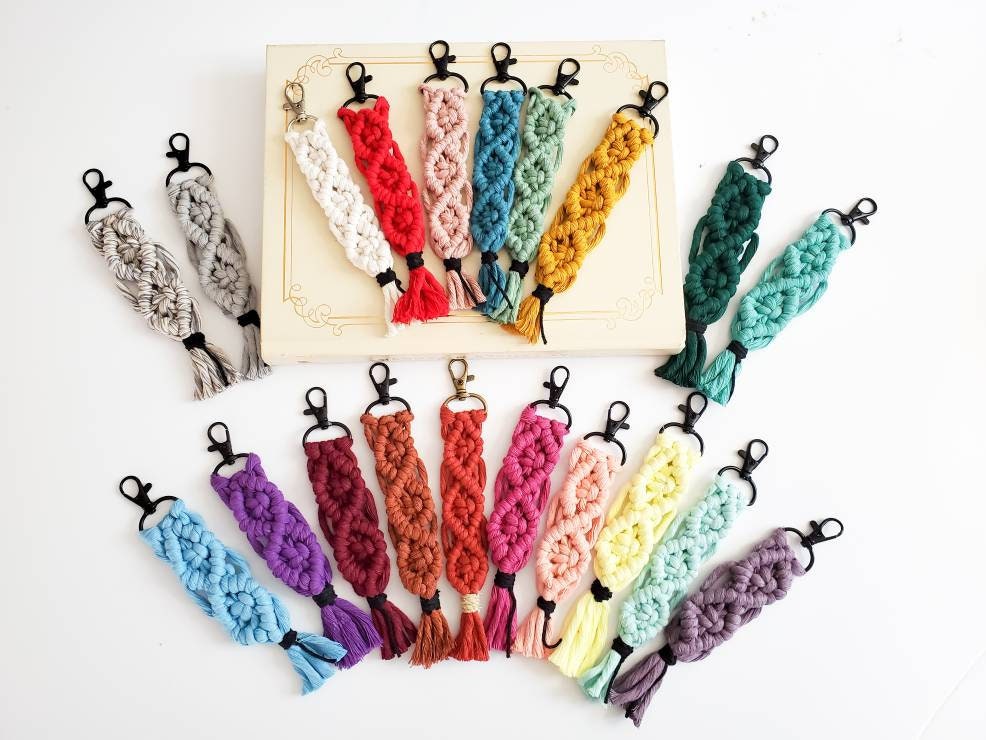 Best selling Macrame keychains. Custom Keychains for women. Colorful boho keyfobs.