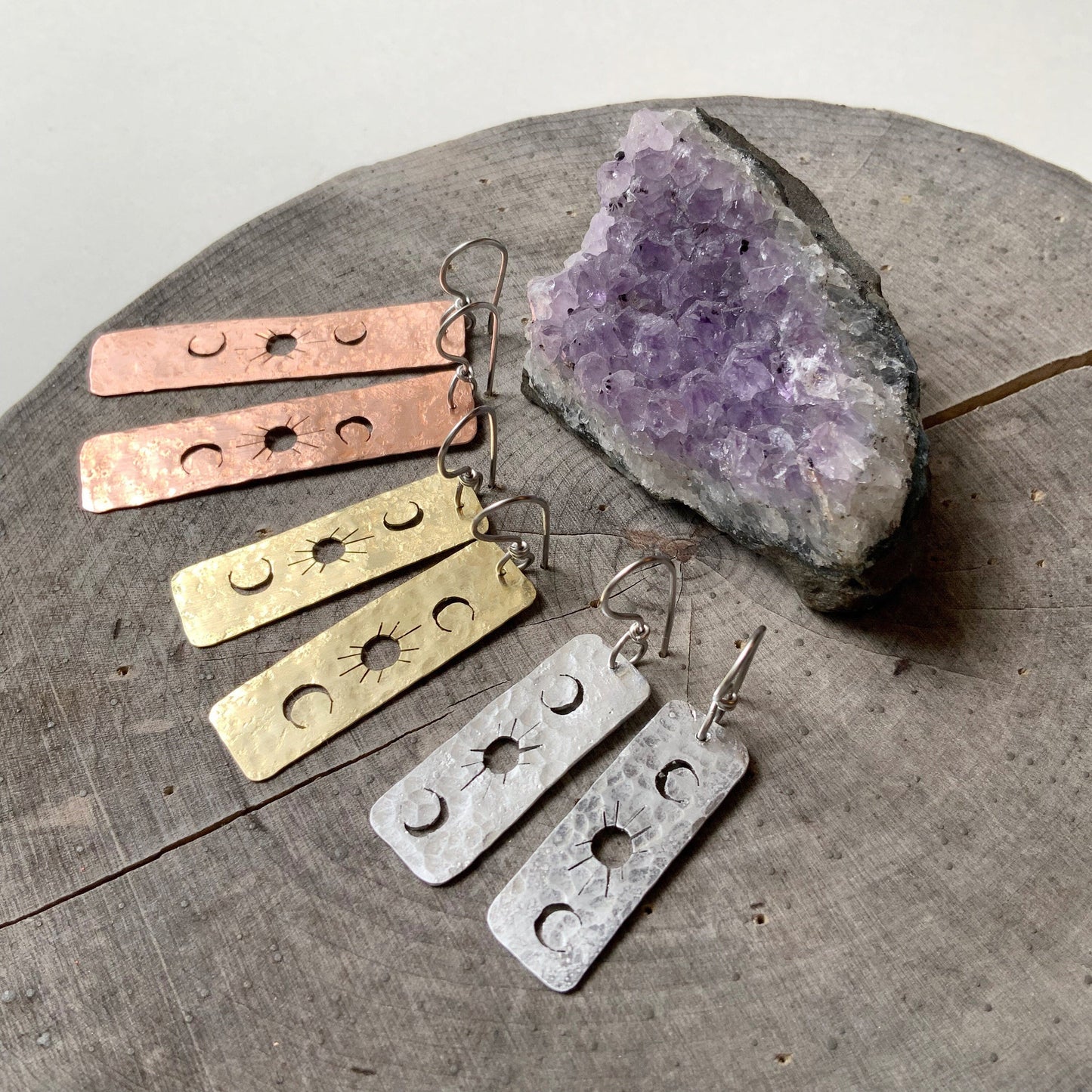 Solar Phase hammered bar earrings, celestial brass bar dangles