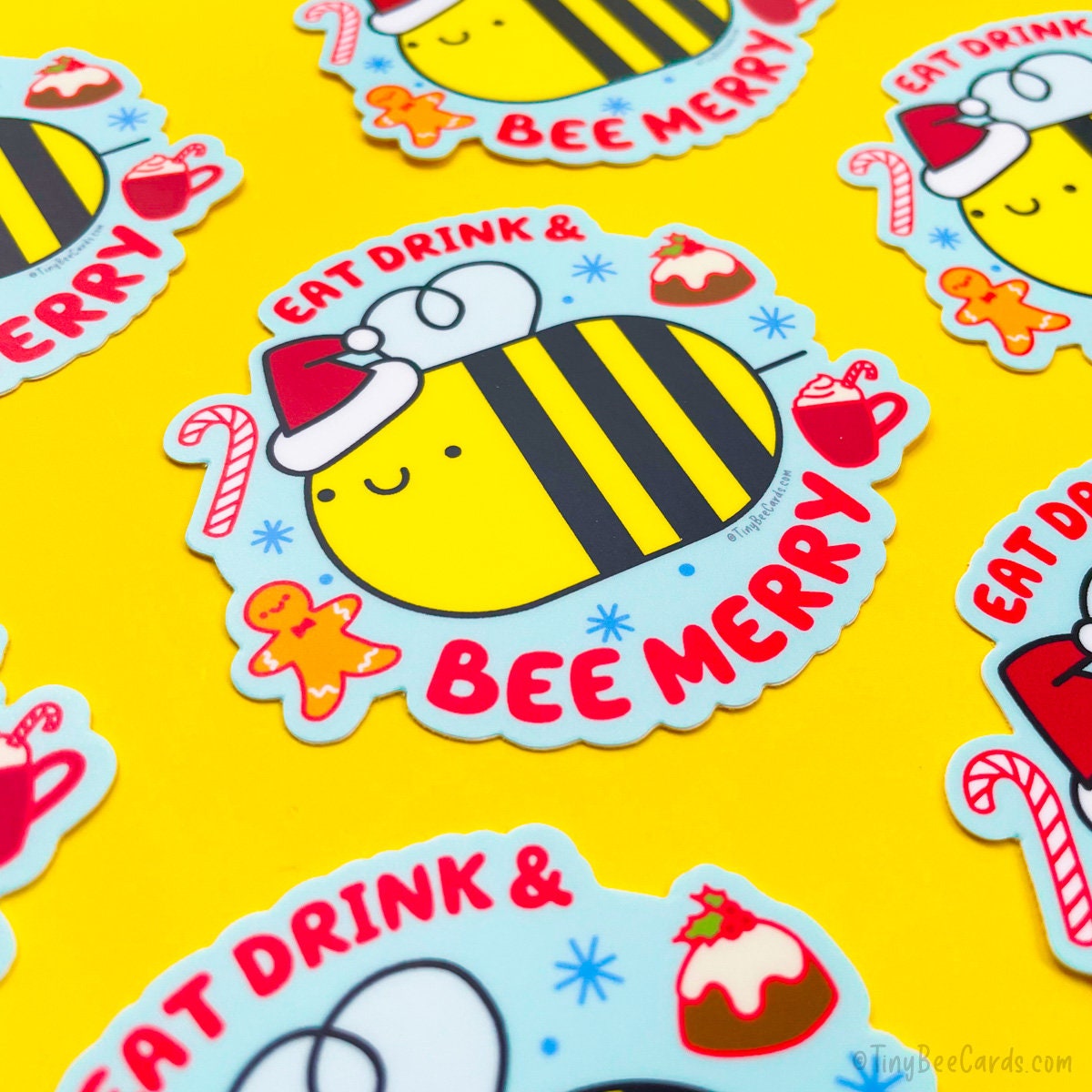 Cute Bee Christmas Vinyl Sticker - Eat Drink and Bee Merry