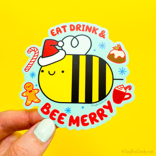 Cute Bee Christmas Vinyl Sticker - Eat Drink and Bee Merry