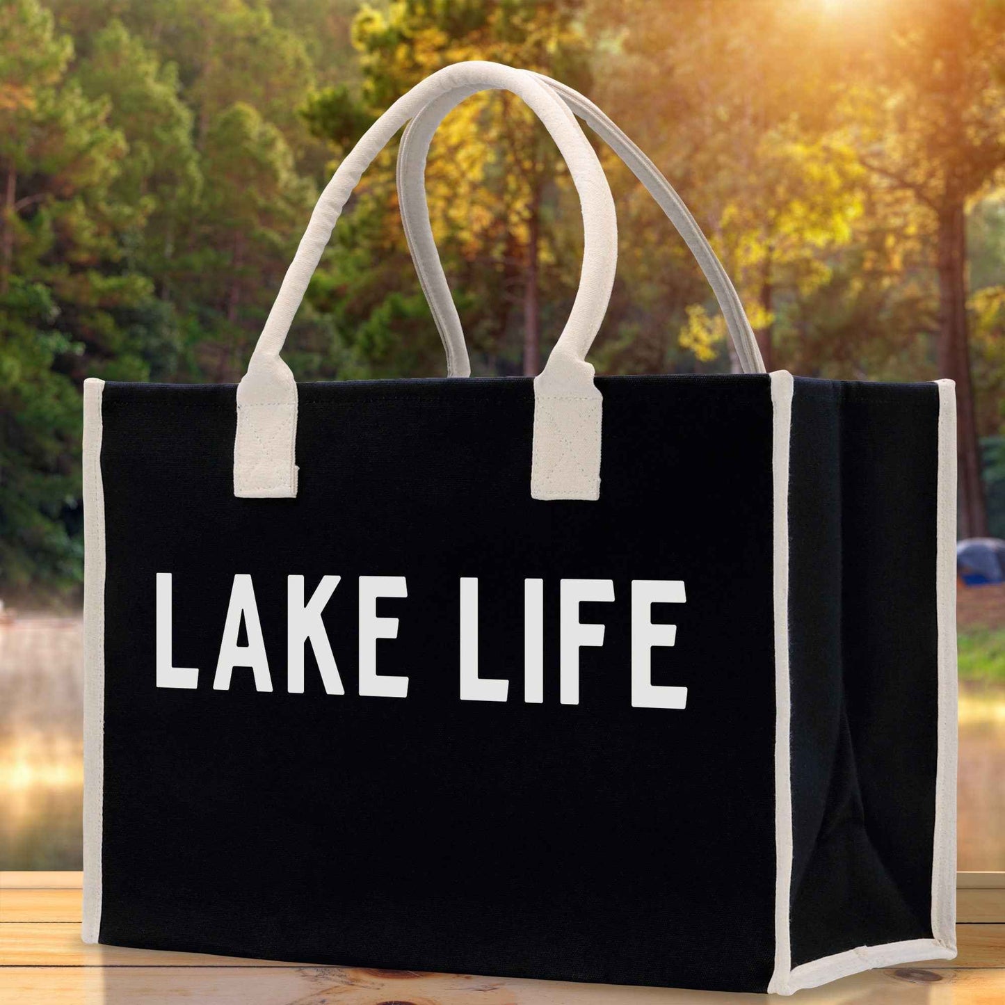 Lake Life Cotton Canvas Chic Beach Tote Bag Multipurpose Tote Weekender Tote Gift for Her Outdoor Tote Vacation Tote Large Beach Bag