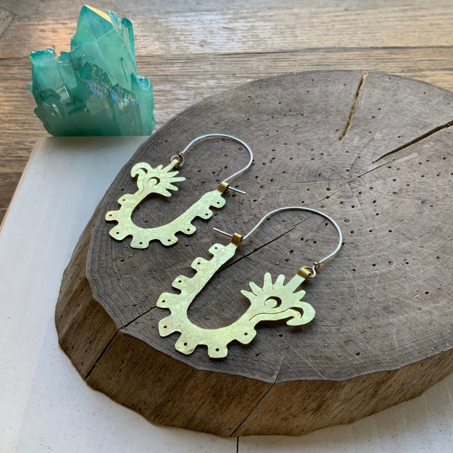 Handmade Mayan Glyph Hoop Earrings: Bird Design