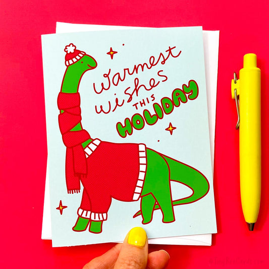 Cozy Brontosaurus Christmas Card "Warmest Wishes"