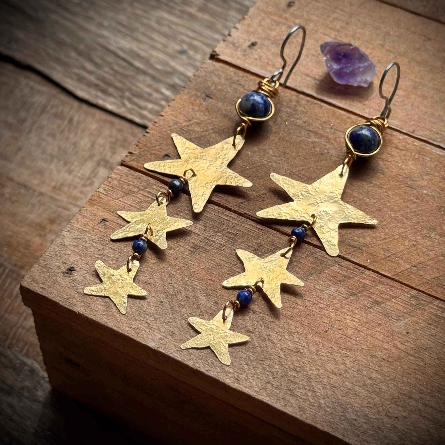 Hammered Brass Star and Lapis Earrings: Long Duster, Handmade