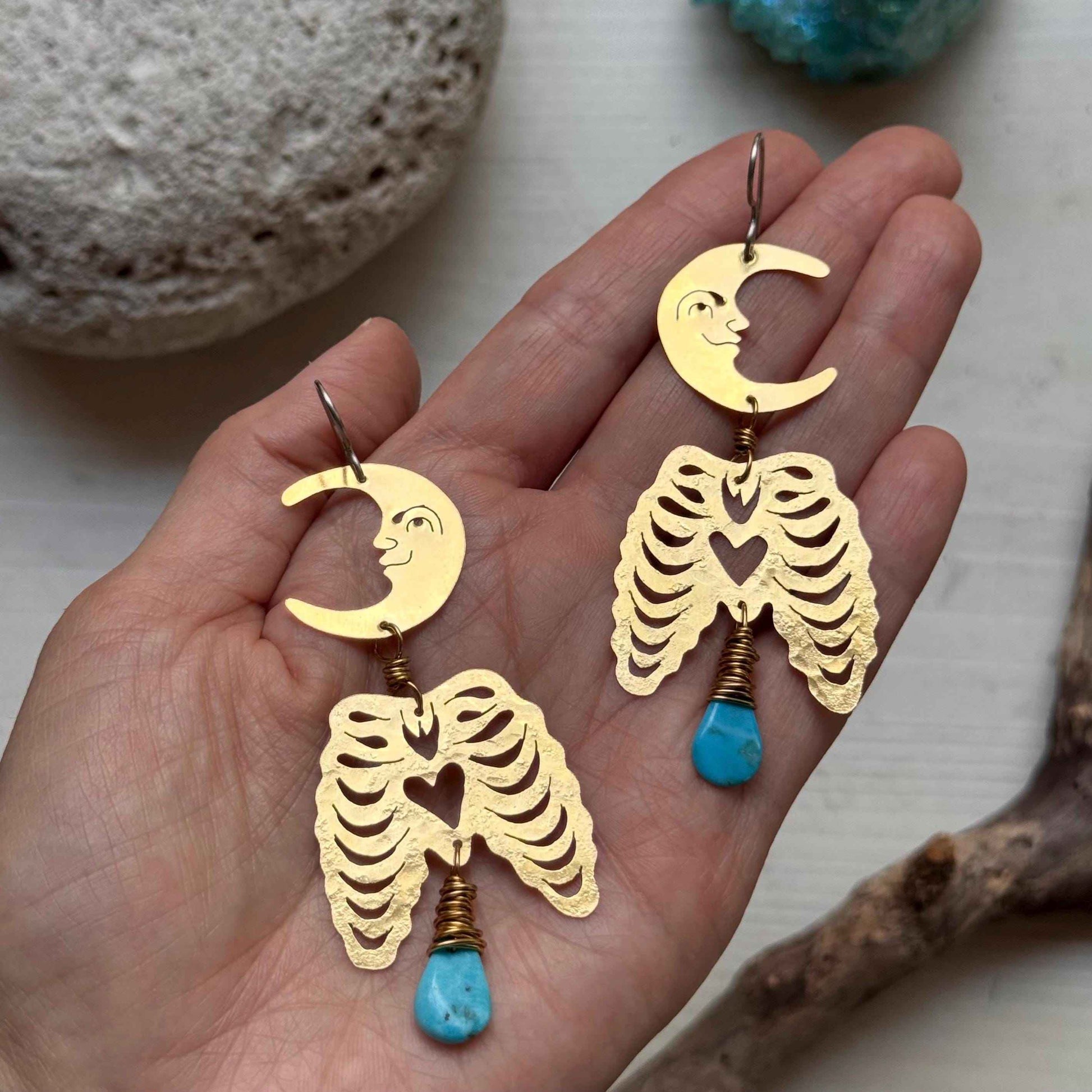 Hammered Brass Crescent Moon Rib Cage Earrings: Turquoise Ex-Voto Luna