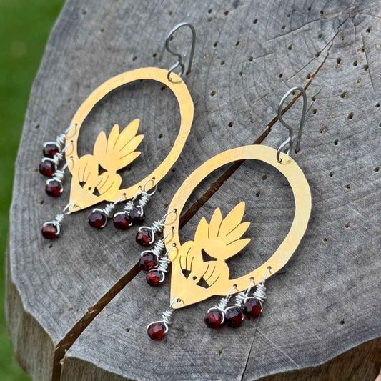 Brass Flaming Heart Garnet Earrings: Mixed Metal Sacred Heart
