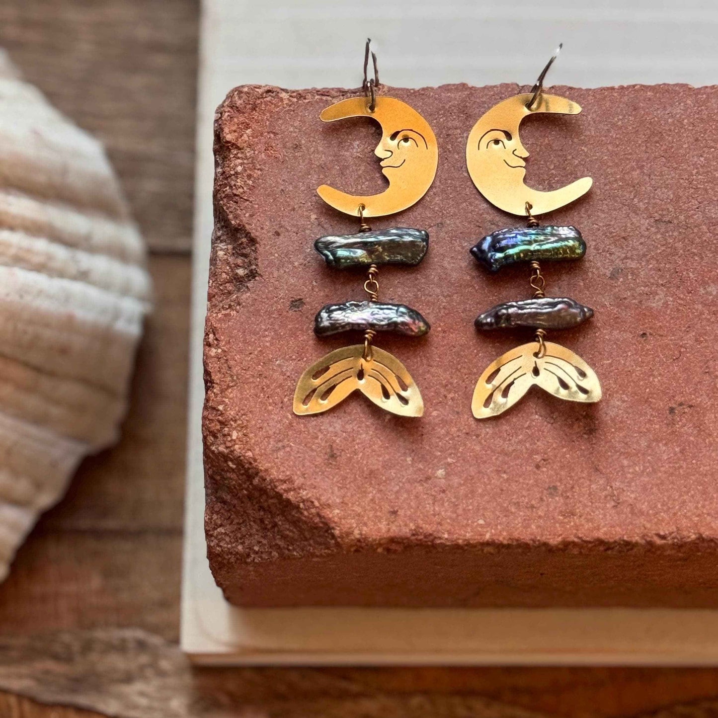 Brass Lunar Pearl Rib Tide Earrings: Biwa Pearl mermaid Luna