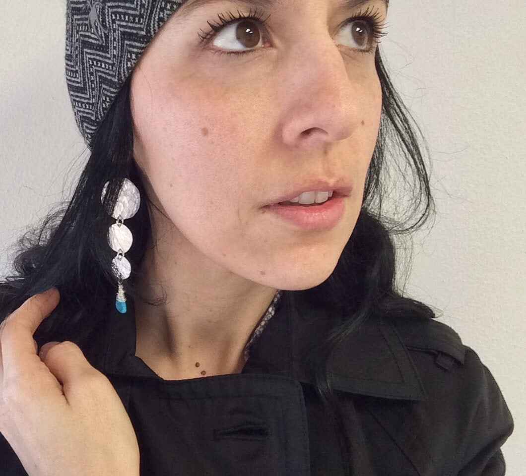 Handmade Turquoise Drop Earrings: Hammered Metal Circle Dangles