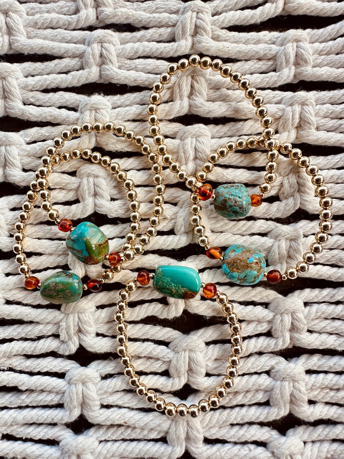 Natural Turquoise + Baltic Amber || 14K Gold Filled || Adult Stretch Bracelet