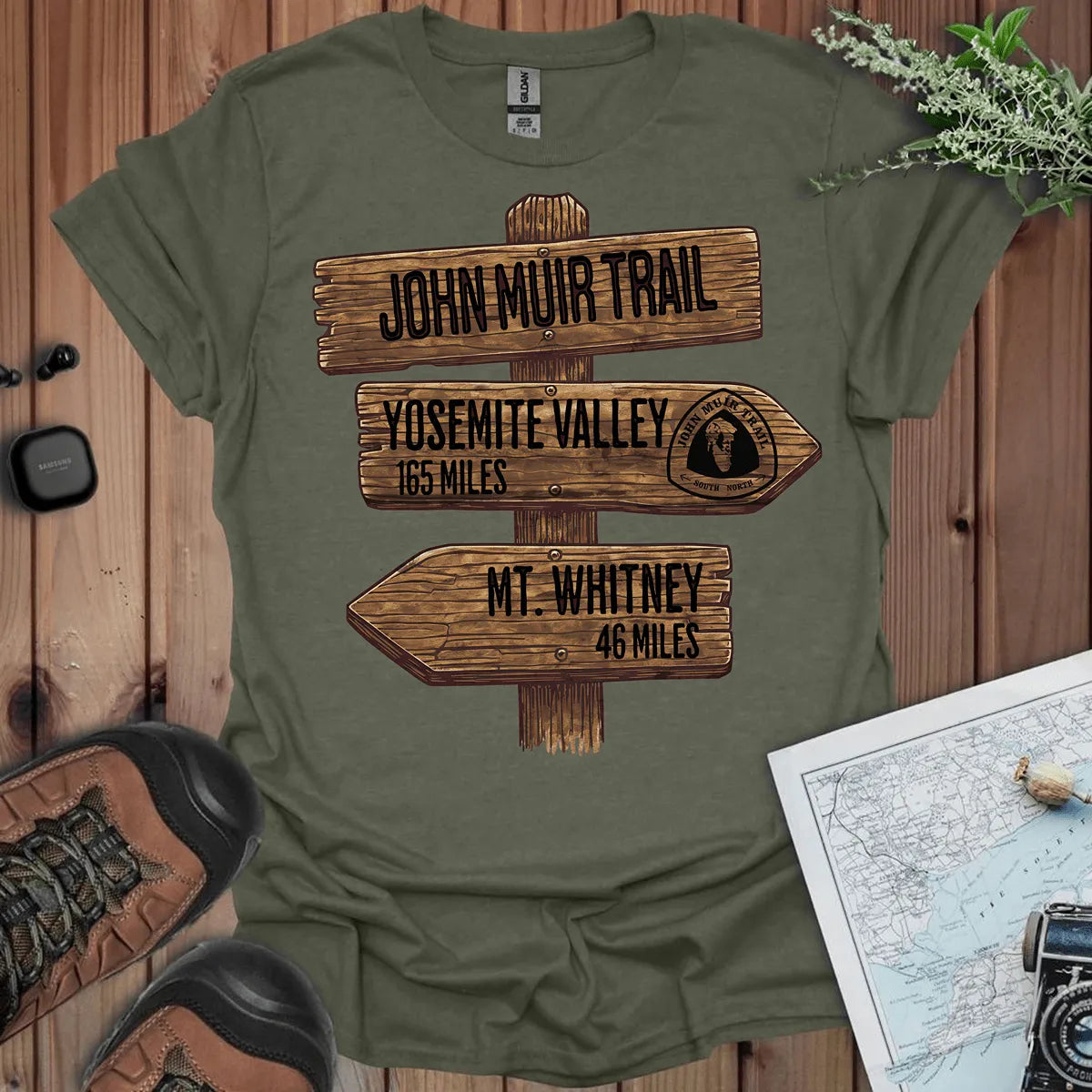John Muir Trail T-Shirt Wood Sign 211 Miles