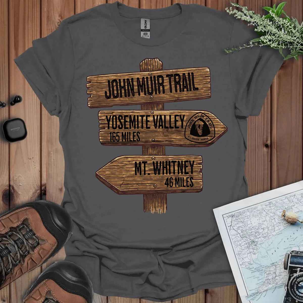 John Muir Trail T-Shirt Wood Sign 211 Miles