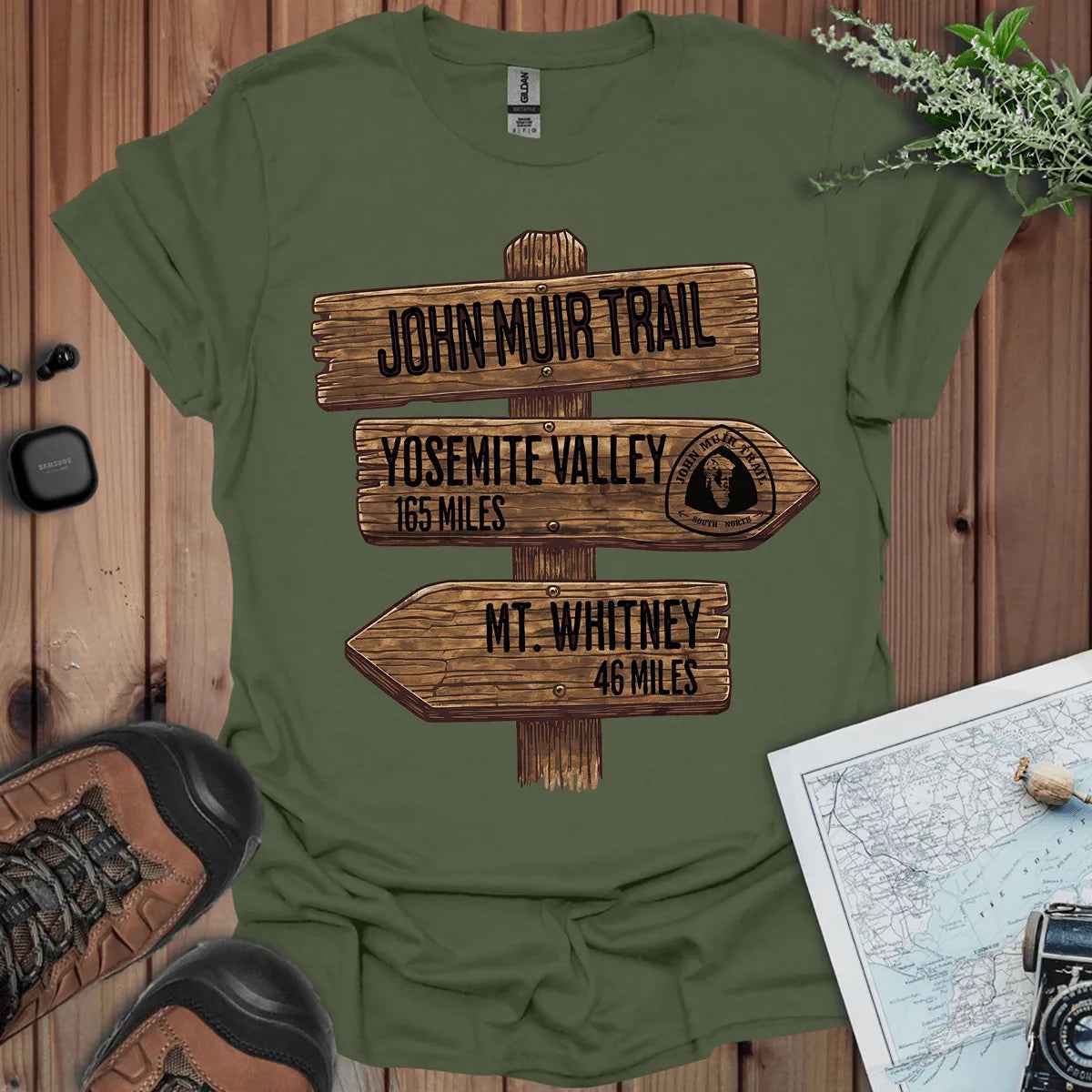 John Muir Trail T-Shirt Wood Sign 211 Miles