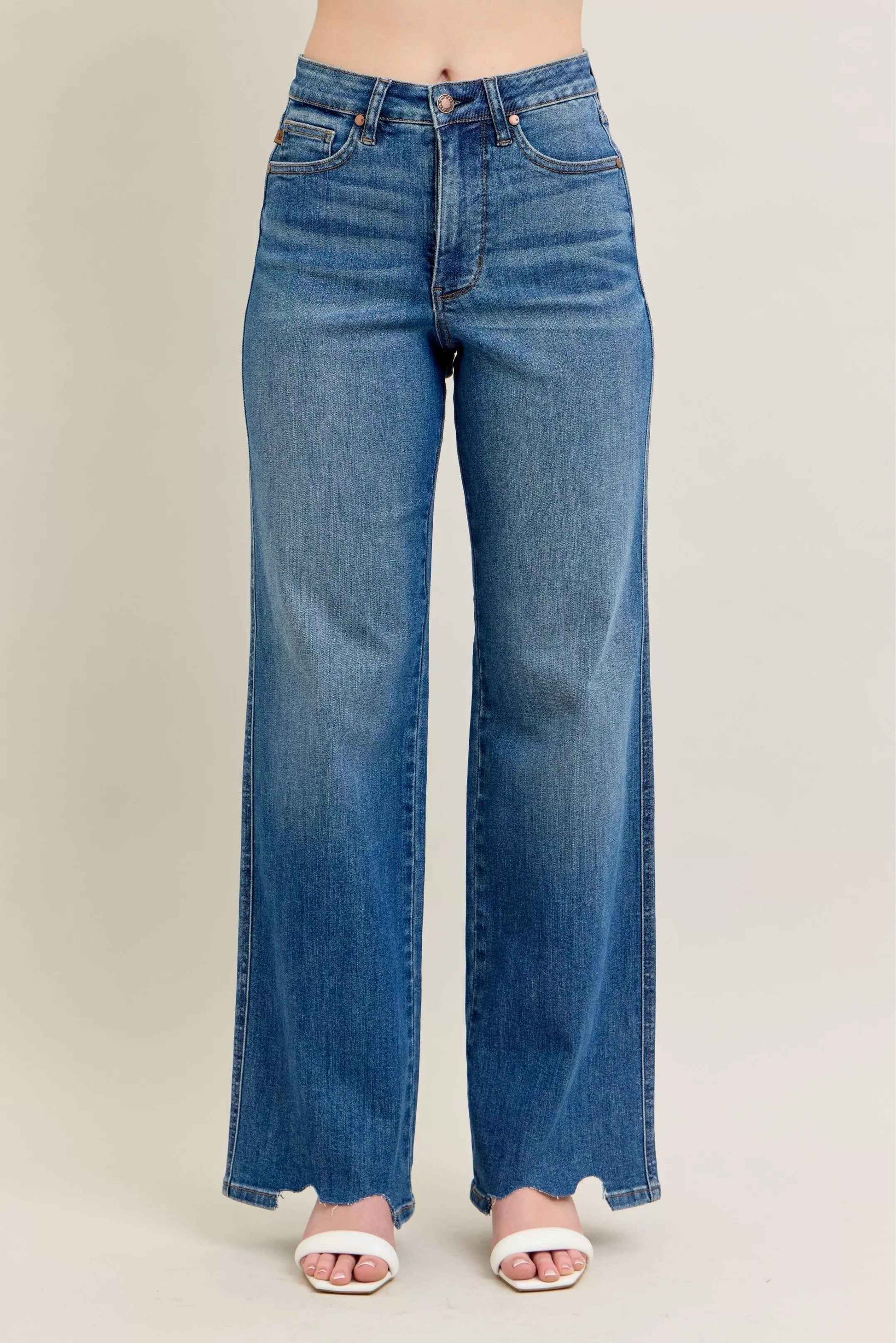 Judy Blue Full Size High Waist Tummy Control Chew Hem Destroy Wide Jeans Plus Size