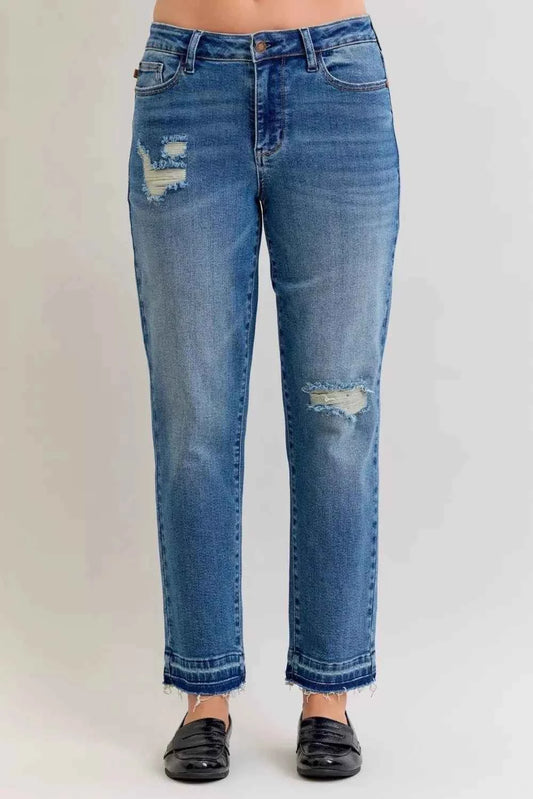 Judy Blue Full Size Mid Rise Bf Patch & Repair Destroy Release Hem Jeans Plus Size