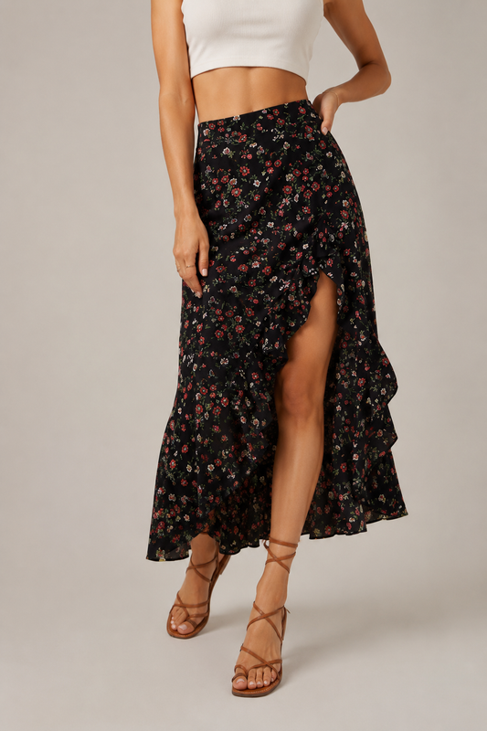 Printed Ruffled Side Slit Skirt
