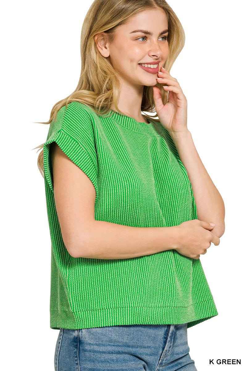 Kelly Green Raised Rib Cap Sleeve Top by Zenana