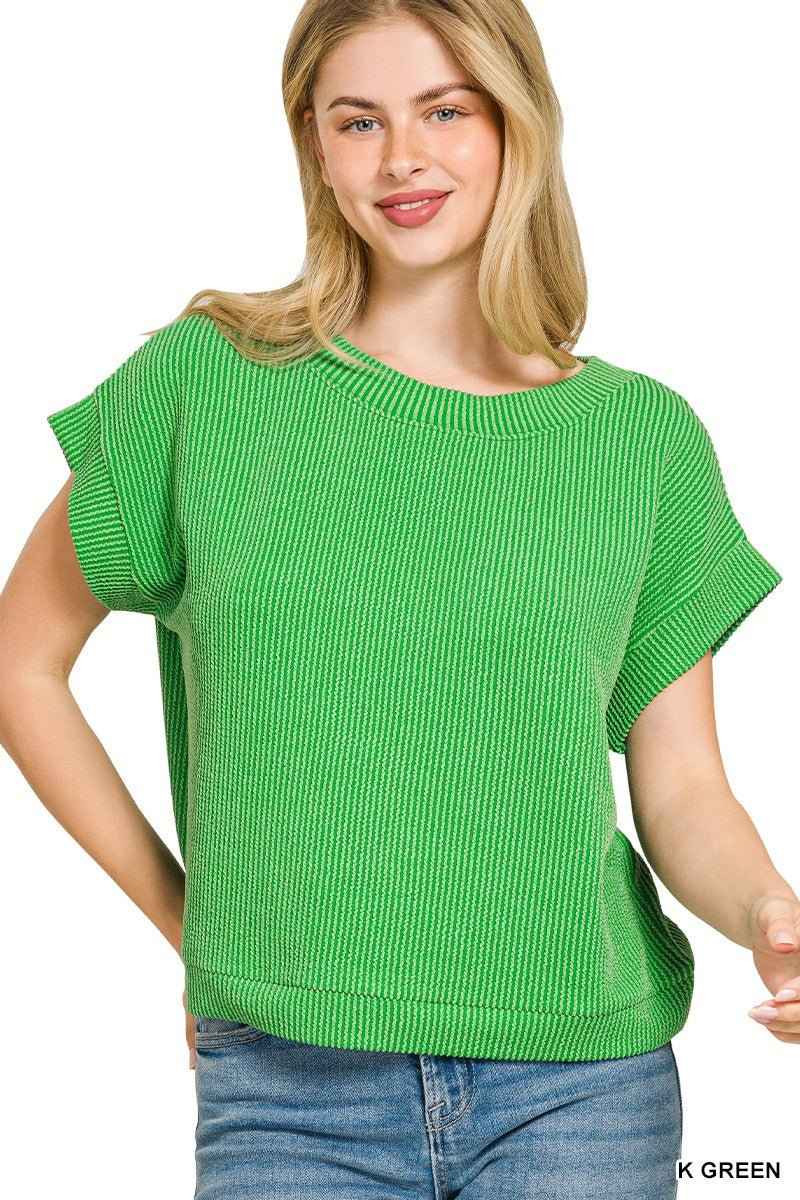 Kelly Green Raised Rib Cap Sleeve Top by Zenana