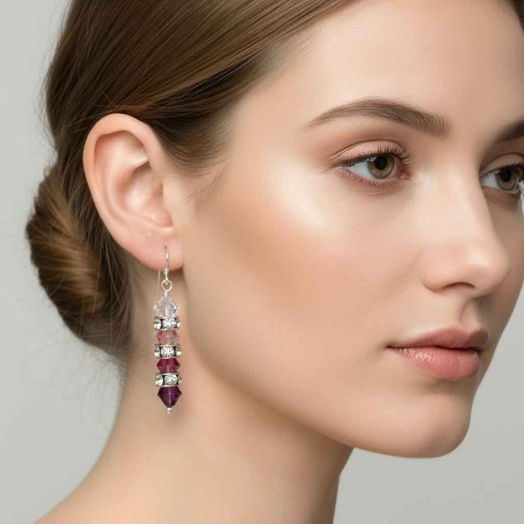 Hot Pink Ombre Stacked Crystal Sterling Silver Earrings