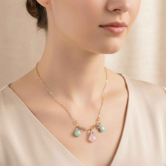 Gold Filled Light Pink and Mint Chalcedony Chain Necklace