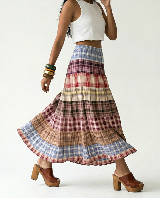 Wanderlust Plaid Patchwork Maxi Skirt