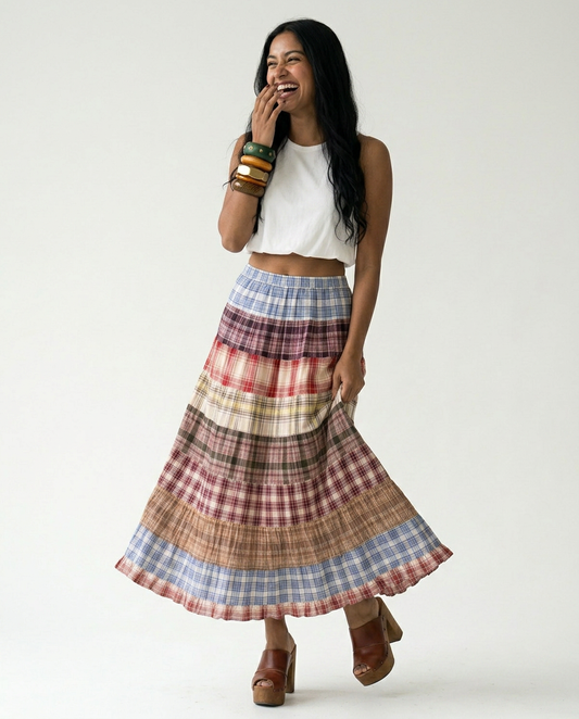 Wanderlust Plaid Patchwork Maxi Skirt