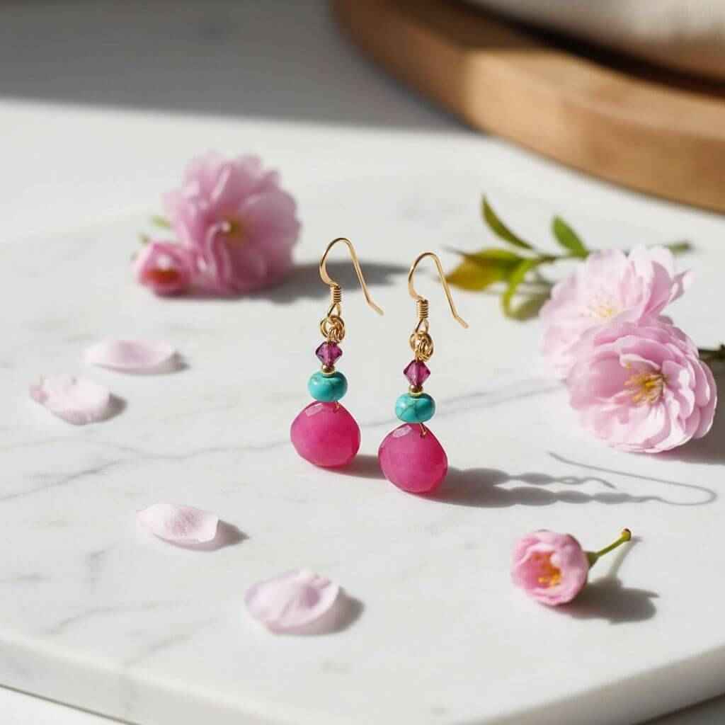 Gold Filled Wire Wrapped Pink And Aqua Gemstone Earrings