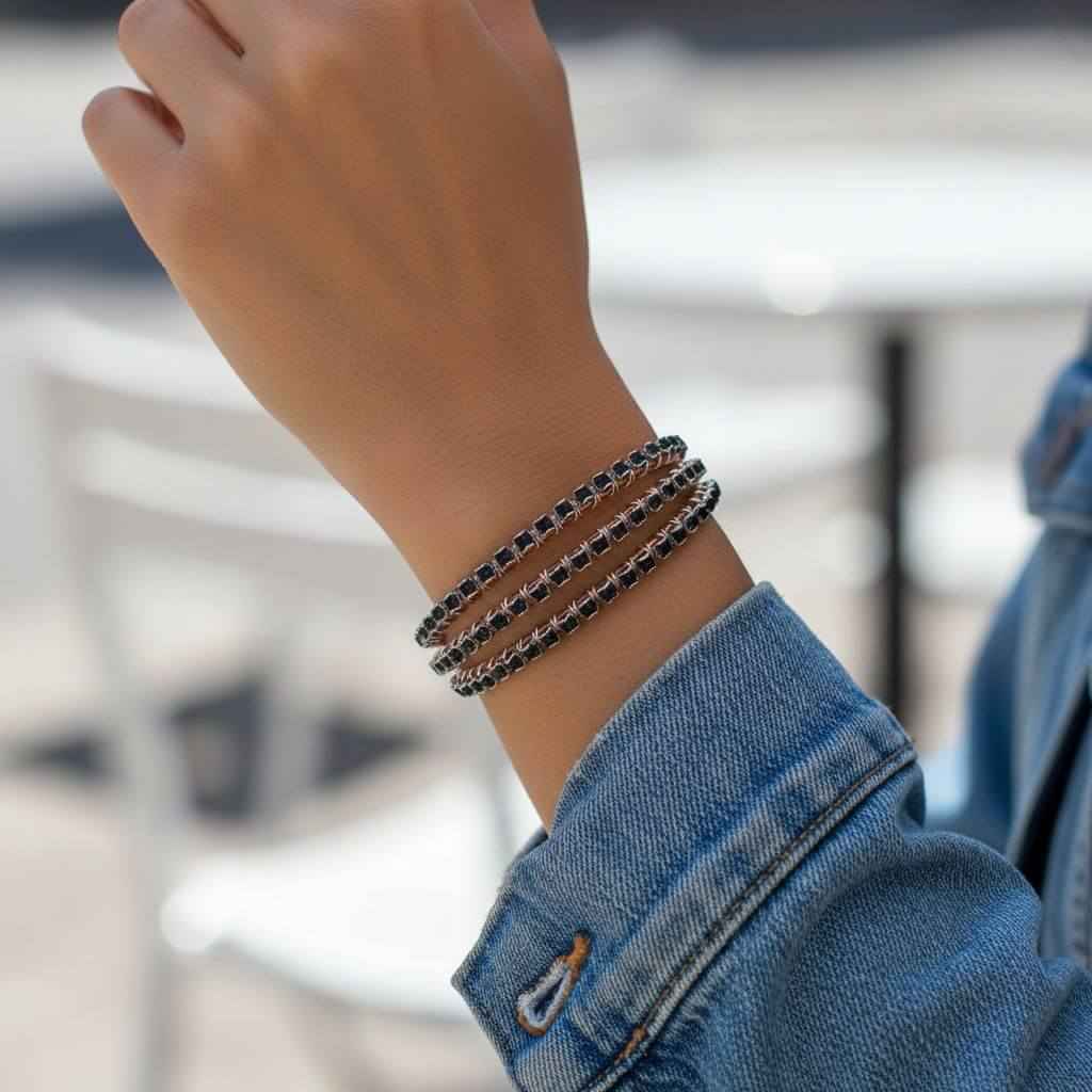 Wire Wrapped Copper Silver Black Crystal Rhinestone Bangle