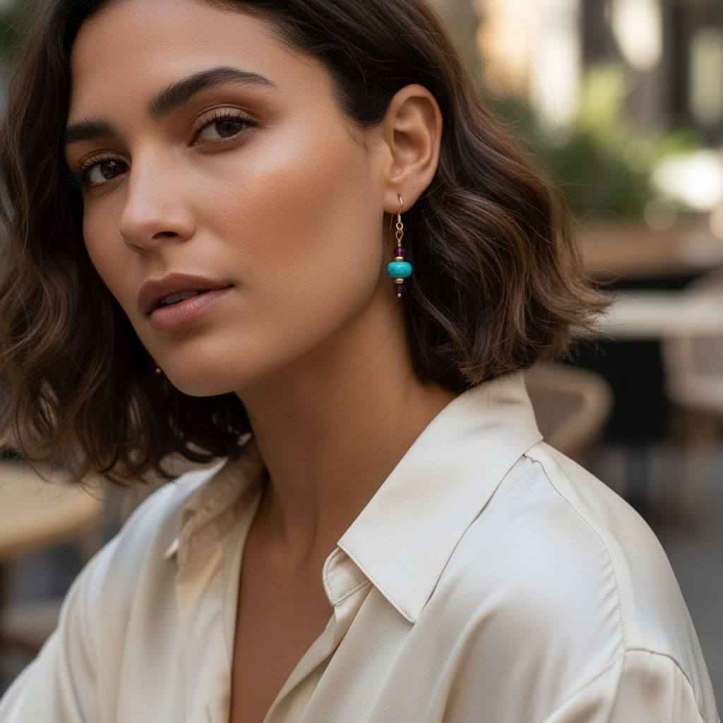 Hot Pink and Turquoise Gemstone14 K Gold Filled Earrings