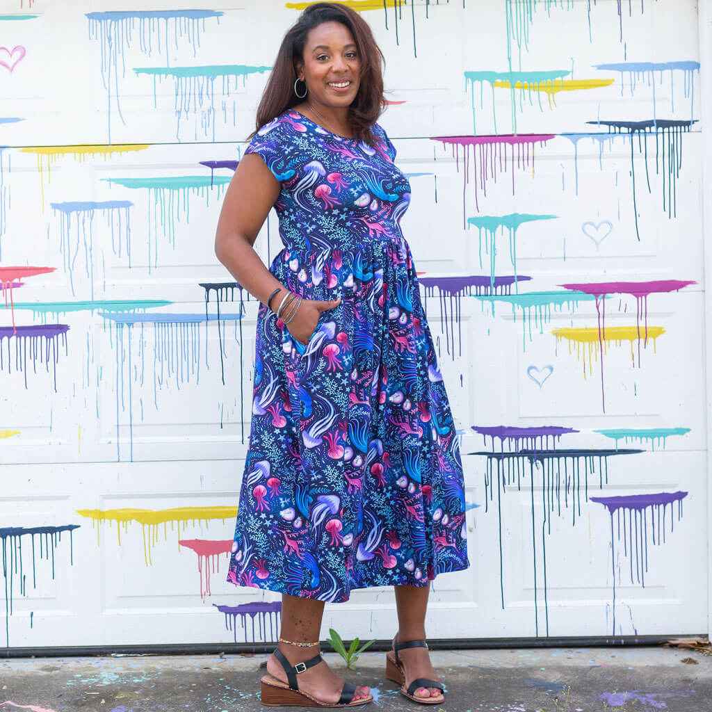 Adult "Oceans Aglow" Marine Life Cap Sleeve Maxi Dress With Pockets