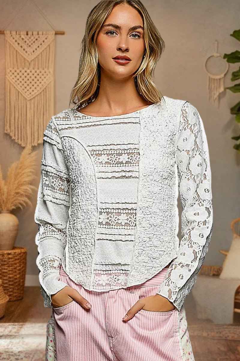 Off White Round Neck Long Sleeve Exposed Seam Top with Lace Detail by POL