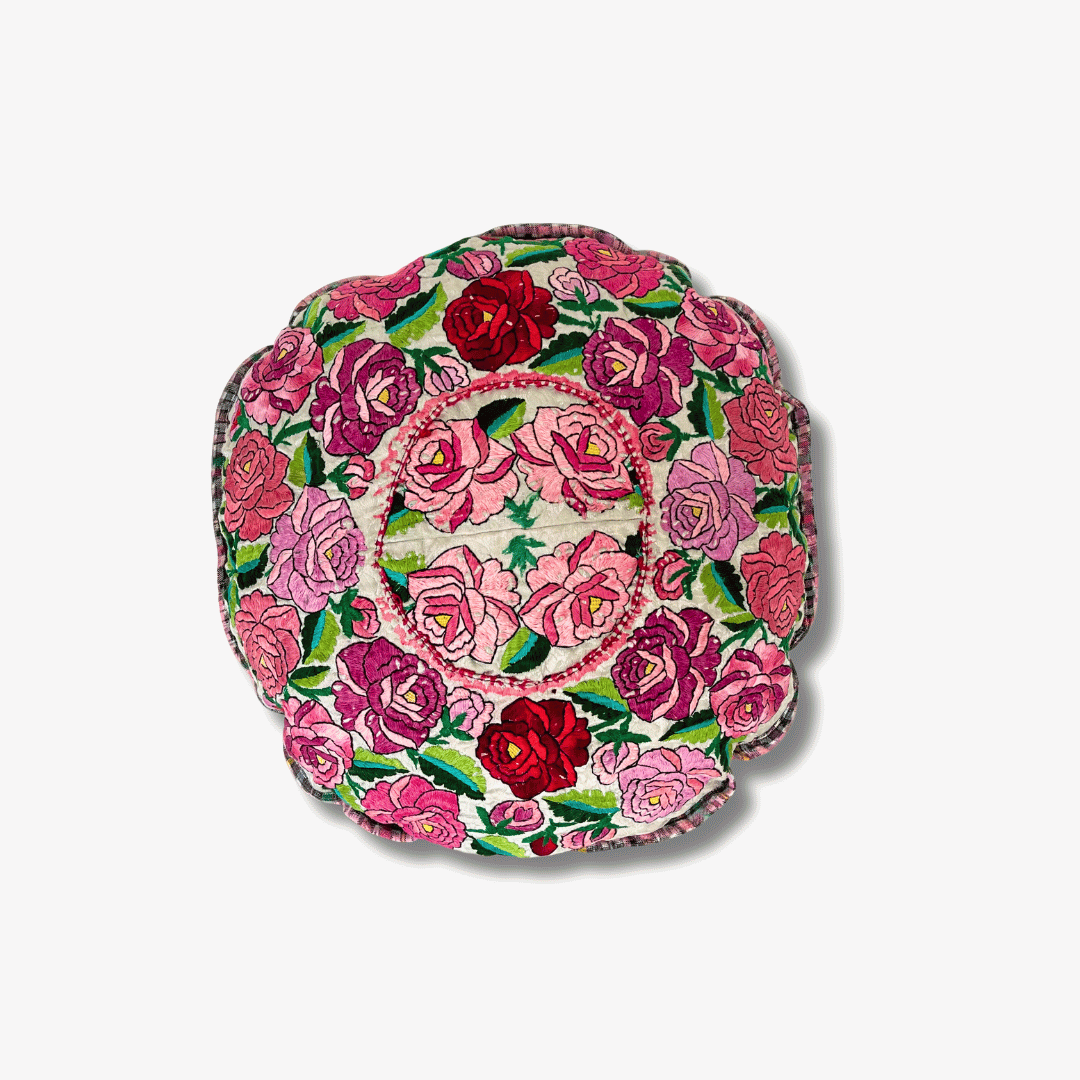Up-cycled Moon Floral Huipil One-of-a-Kind Round Boho Pillow Cover - Guatemala
