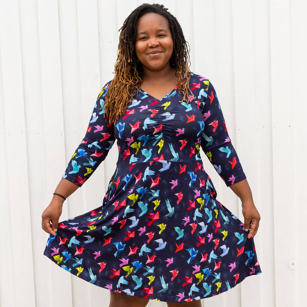 Adult "Flight of Fancy" Origami Birds V-Neck A-Line Dress with Sleeves and Pockets