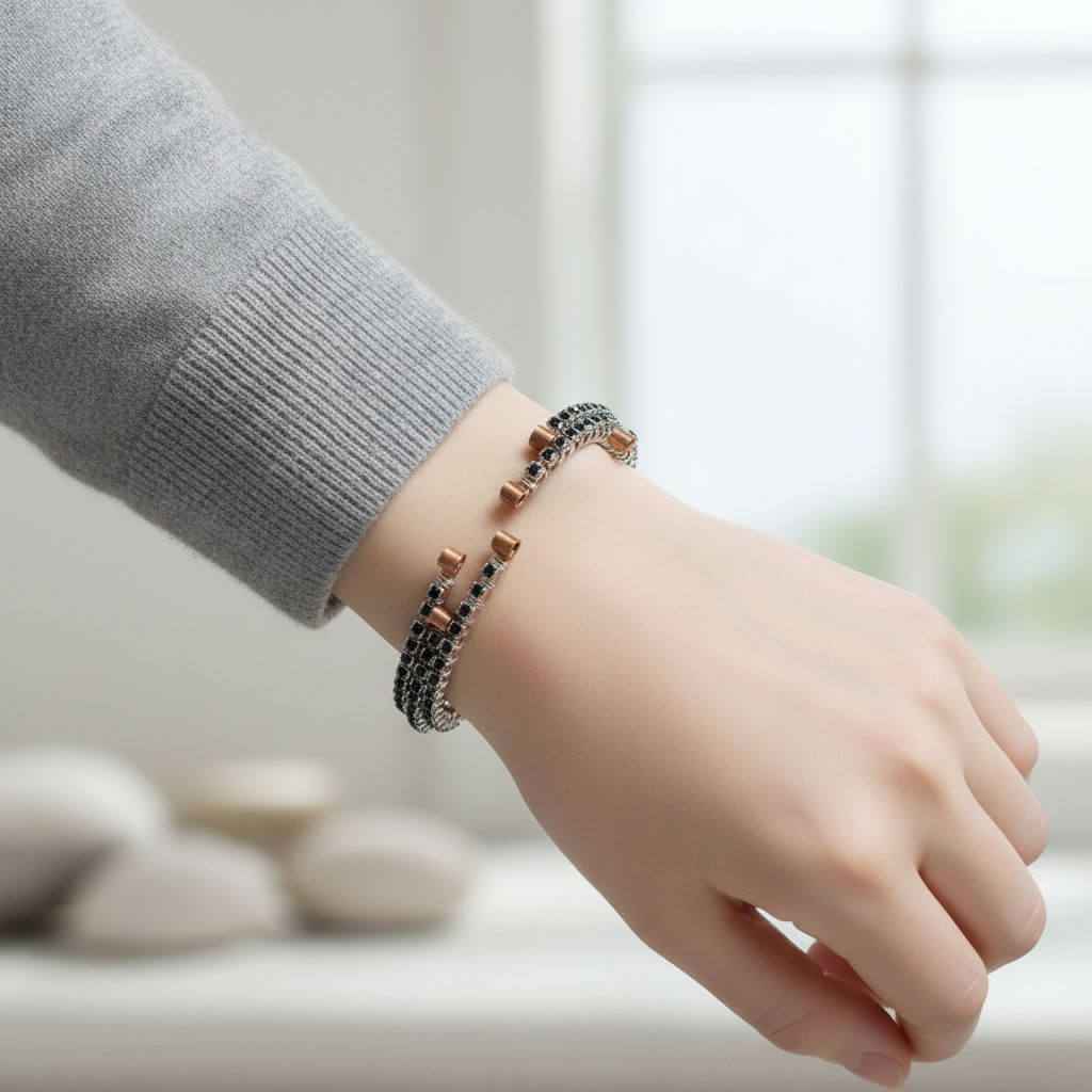Wire Wrapped Copper Silver Black Crystal Rhinestone Bangle