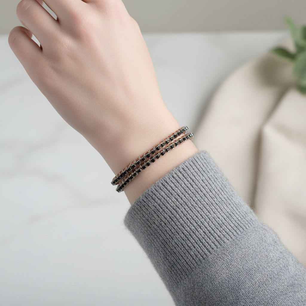 Wire Wrapped Copper Silver Black Crystal Rhinestone Bangle