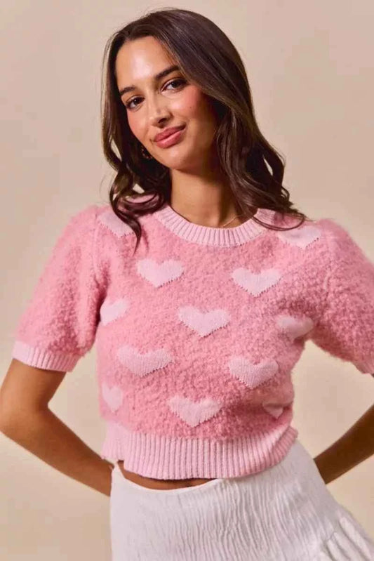 Pink All Over Heart Valentine Cropped Sweater Top by BiBi