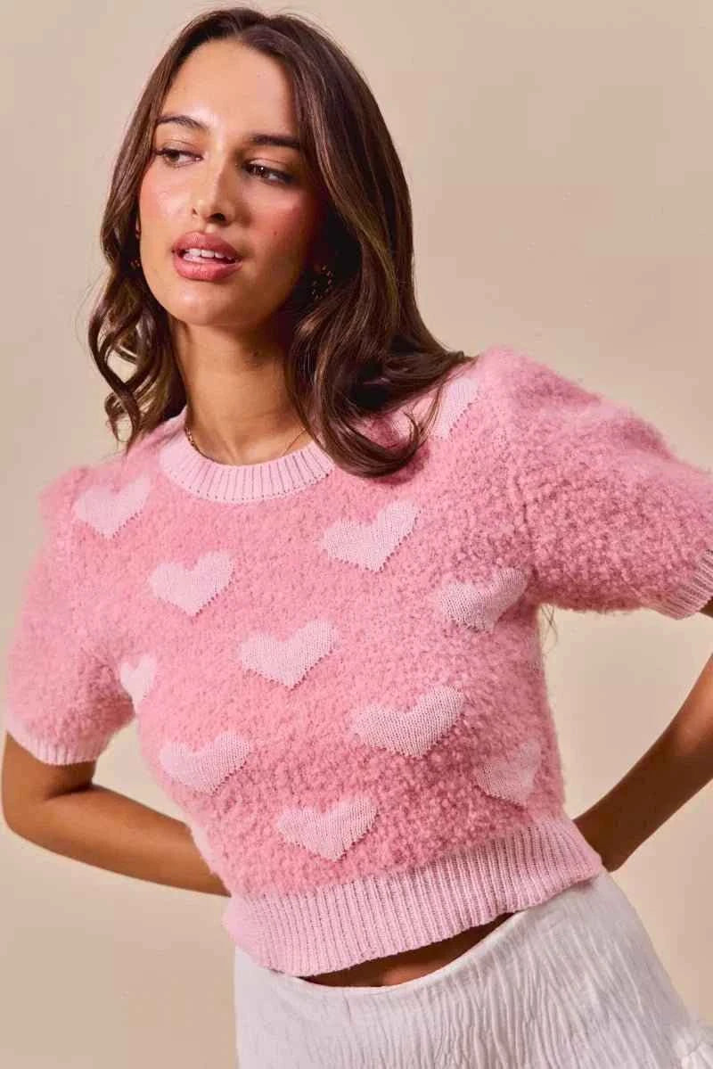 Pink All Over Heart Valentine Cropped Sweater Top by BiBi