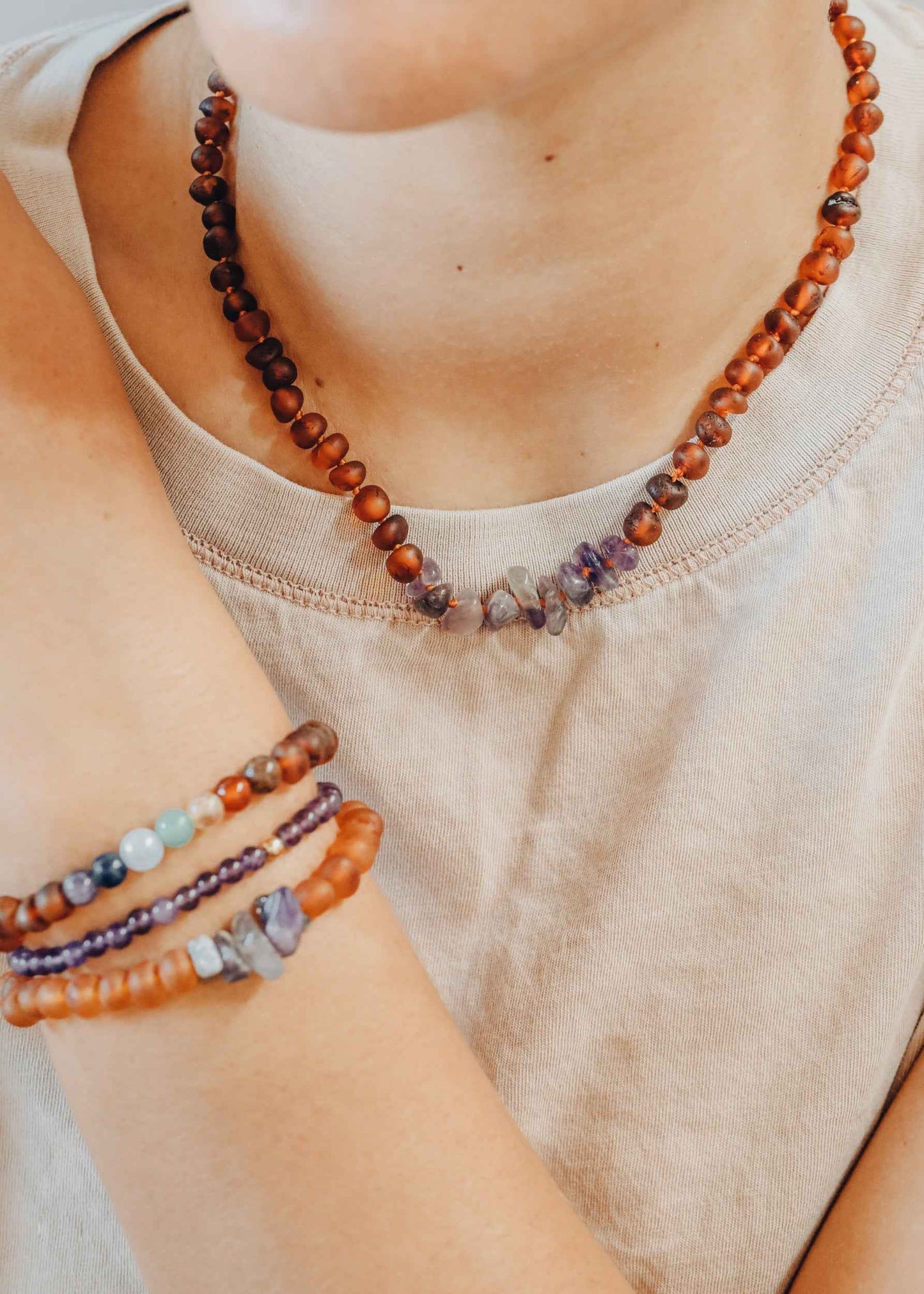 Raw Cognac Baltic Amber + Raw Amethyst || Adult Bracelet