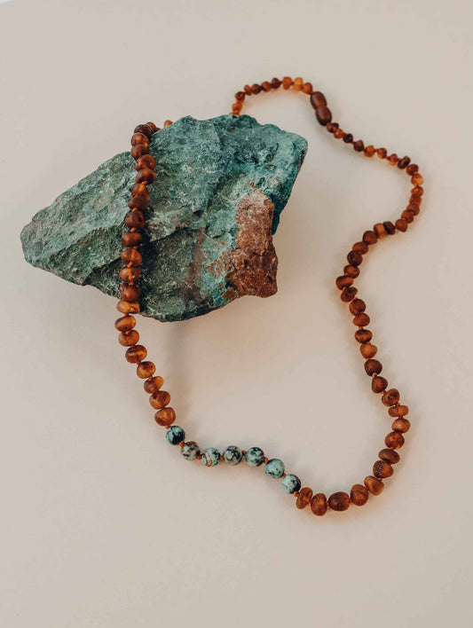 Raw Cognac Baltic Amber + Turquoise Jasper || Necklace