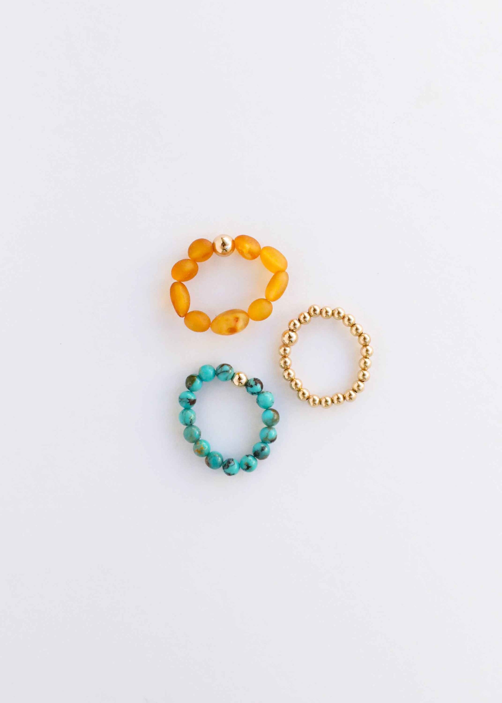 Natural Turquoise + 14k Gold Filled + Honey Amber || Ring Set Trio ||