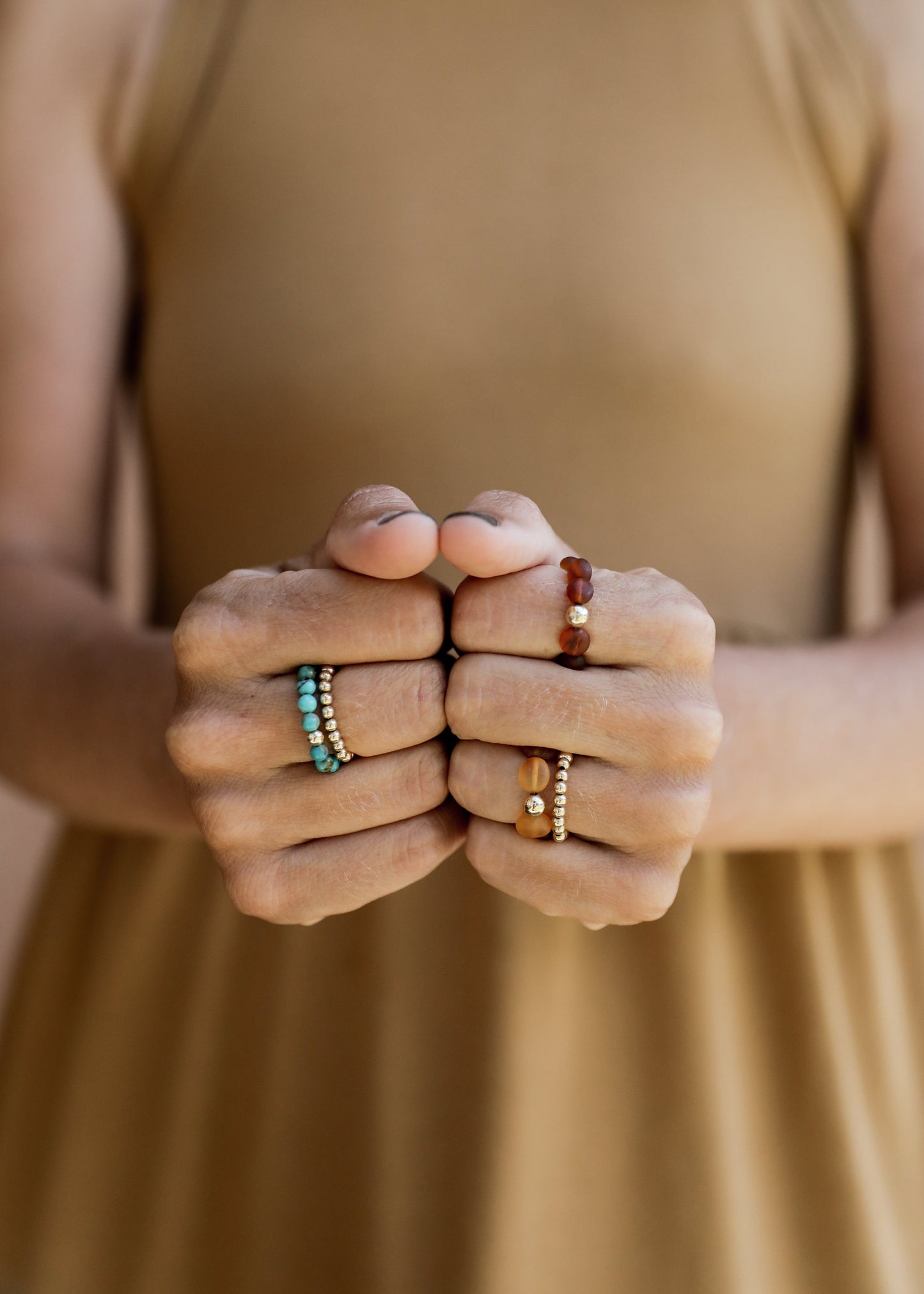 Raw Cognac Baltic Amber + 14K Gold Filled Beaded Ring Stack