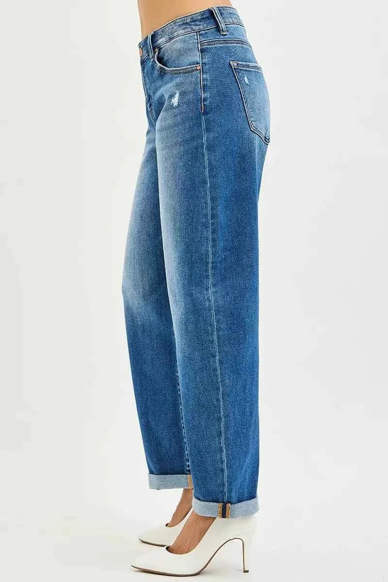 RISEN Full Size Mid Rise Barrel Double Roll Up Jeans Plus Size