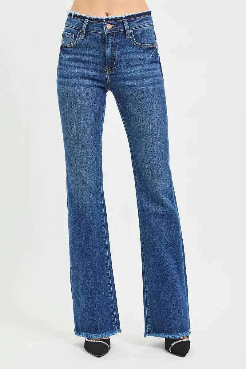 RISEN Full Size Mid Rise Bootcut Frayed Waistband Hem Detail Jeans Plus Size