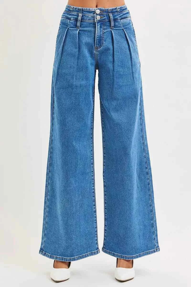 RISEN Full Size Mid Rise Fit Wide Leg with Pleated Detail Jeans Plus Size