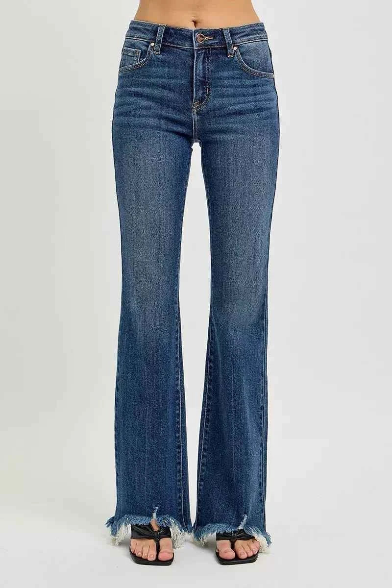 RISEN Full Size Mid Rise Flare Frayed Hem Jeans Plus Size