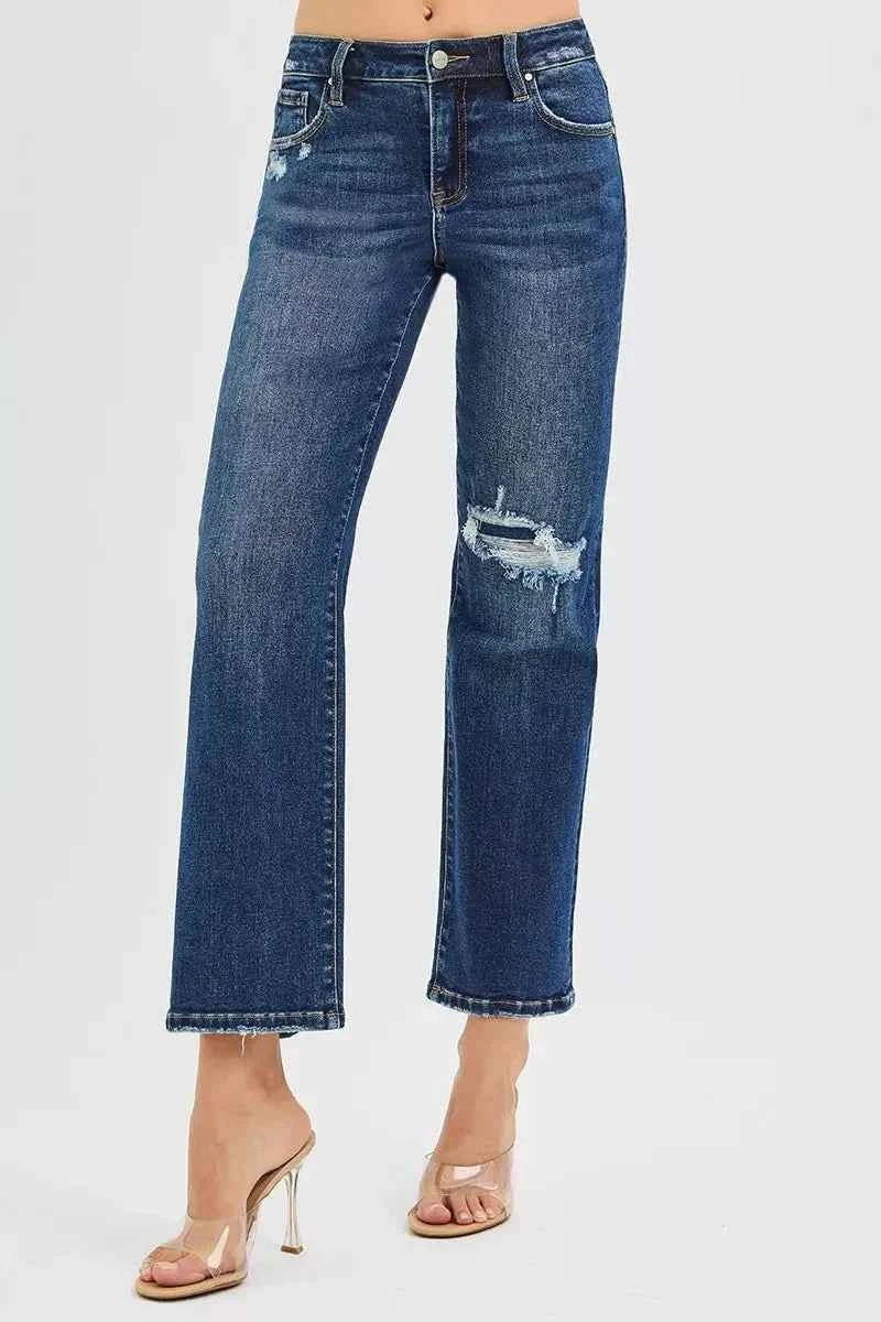 RISEN High Rise Crop Slim Straight Jenas with Hidden Knee Patch