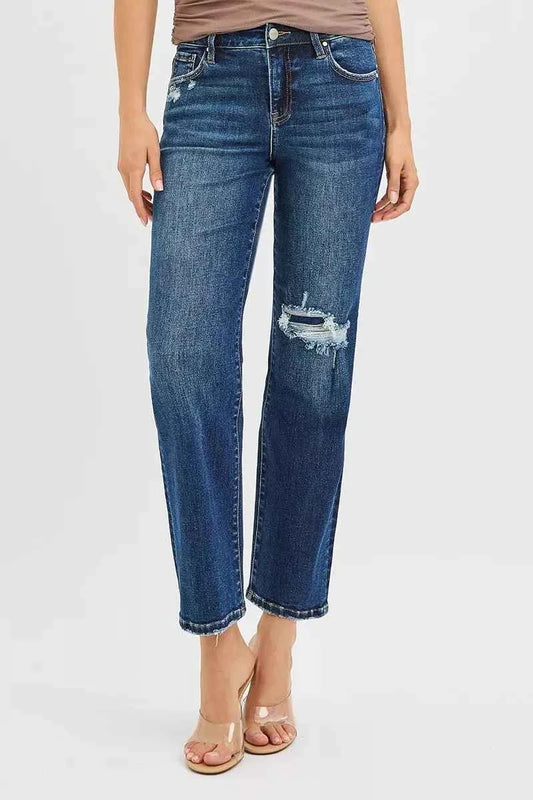 RISEN High Rise Crop Slim Straight Jenas with Hidden Knee Patch