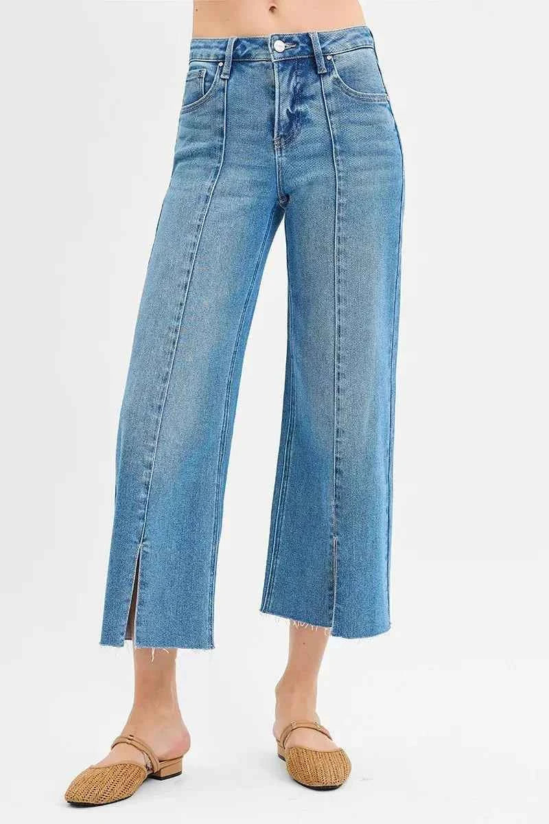 RISEN Tummy Control Mid Rise Crop Wide Front Slit Jeans