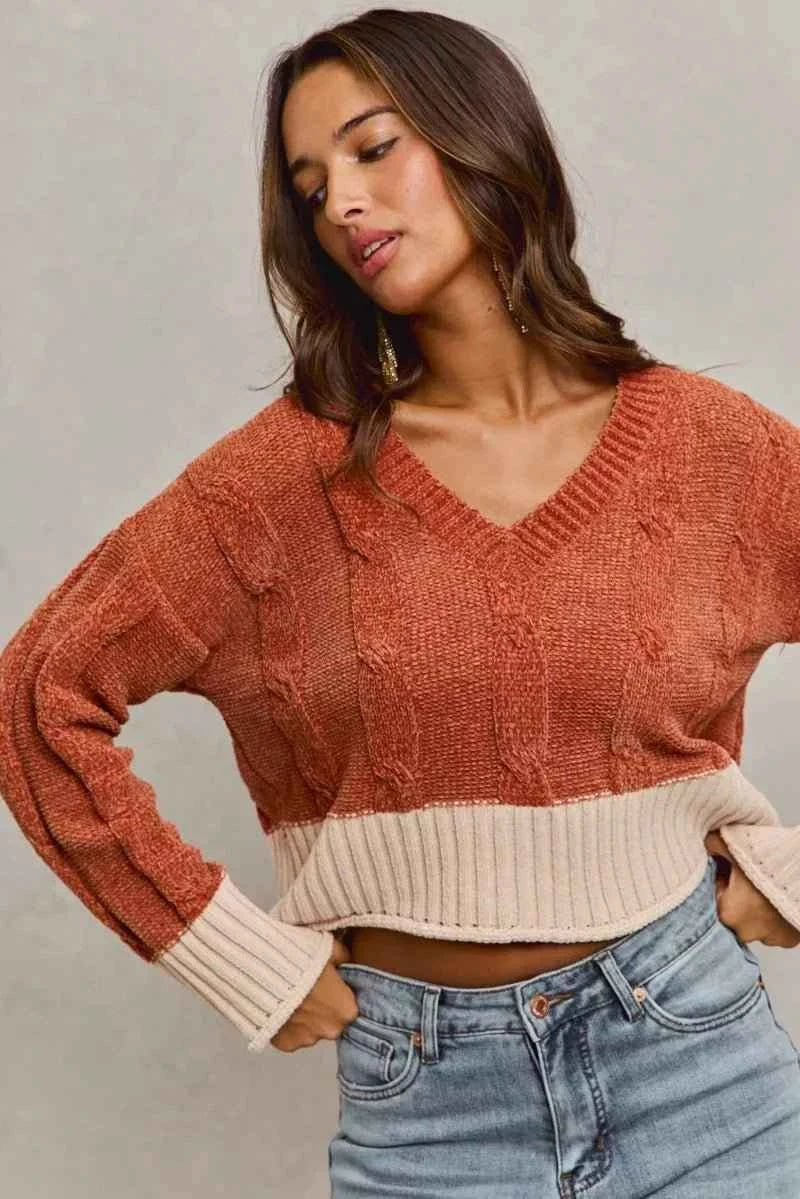 Rust Chenille Cable Knit V-Neck Contrast Cropped Sweater by So Me